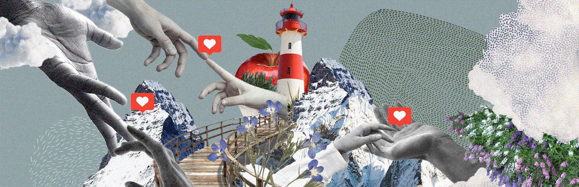 Collage: Berge, Herzen, Leuchtturm, Apfel, Brücke